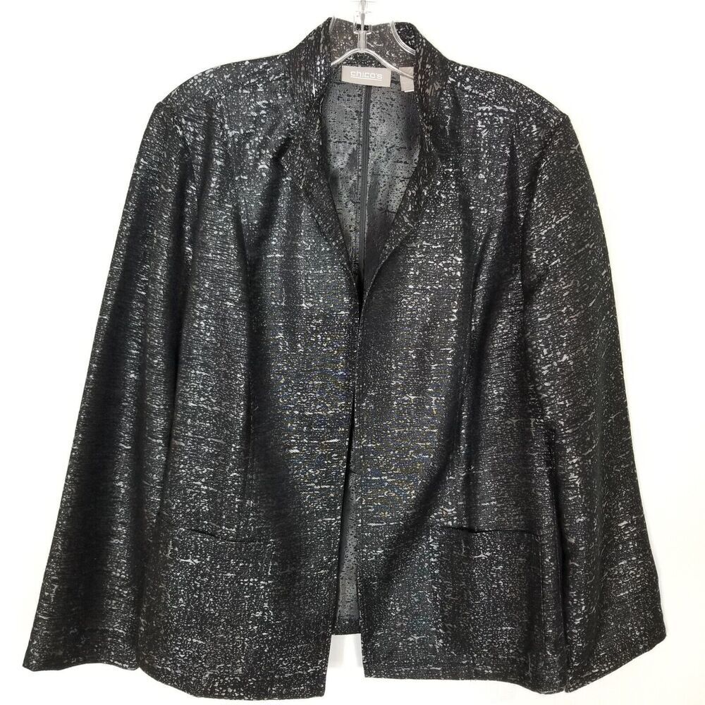 Chico's Women Light Open‎ Jacket Sz L Black Printed Office Party